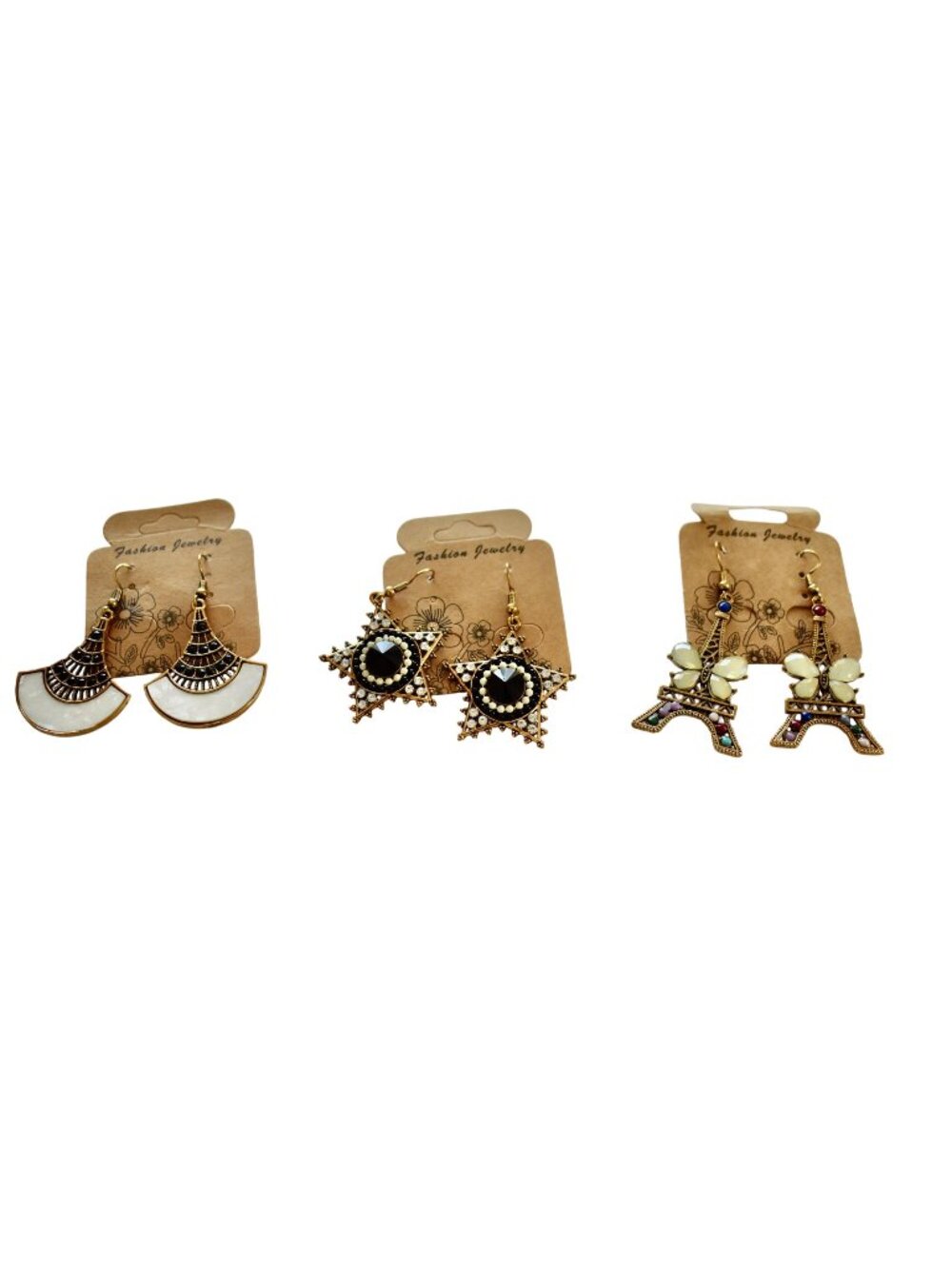 3 Pairs New Women's Gold Plated Rhinestone Star Eiffel Tower Drop Earrings